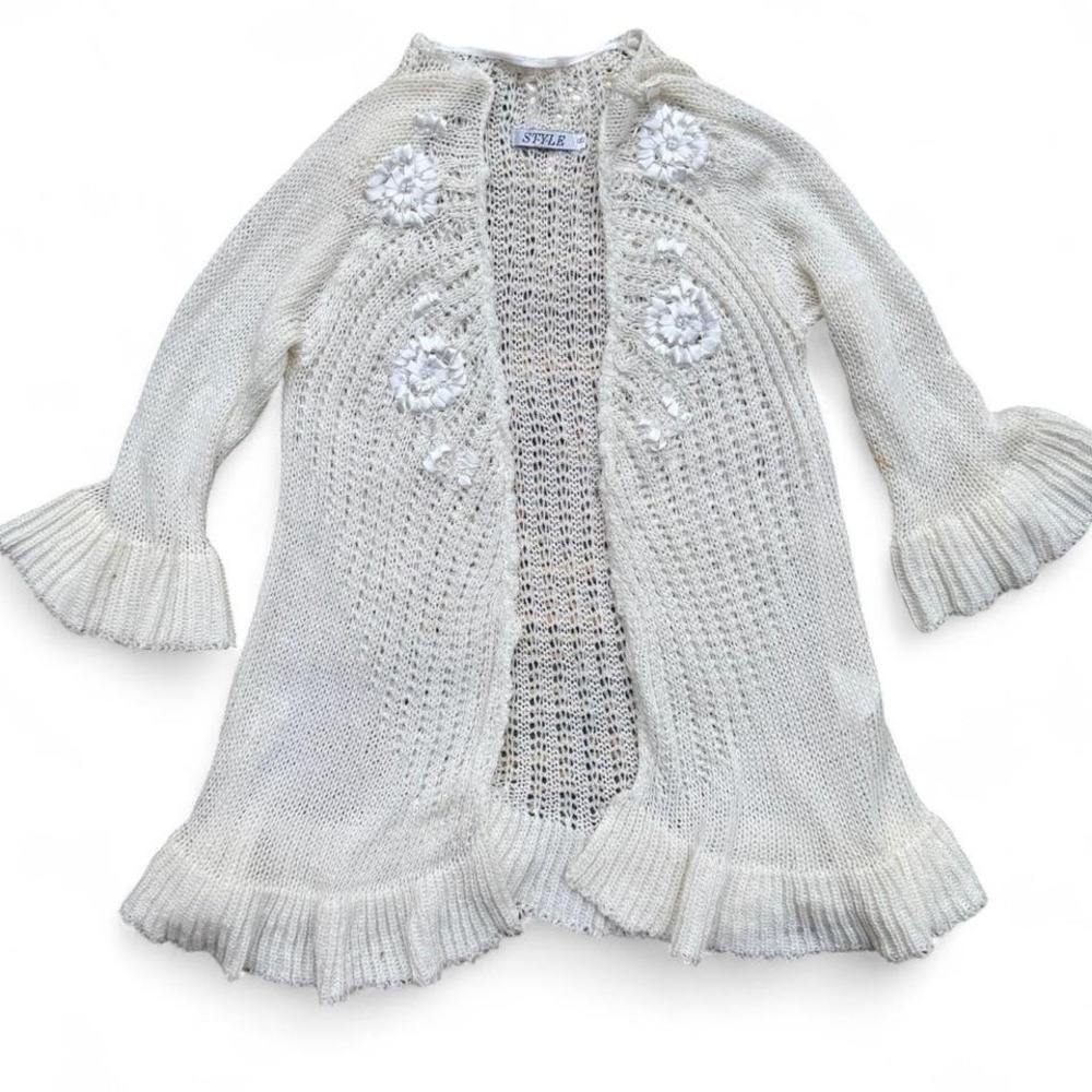 TYLE Women's Small White Knit Cardigan 3/4 Sleeve Floral Romantic Cottagecore‎